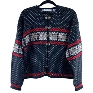 Vintage Women’s Marsh Landing Black Red White Fair Isle Sweater Cardigan Large